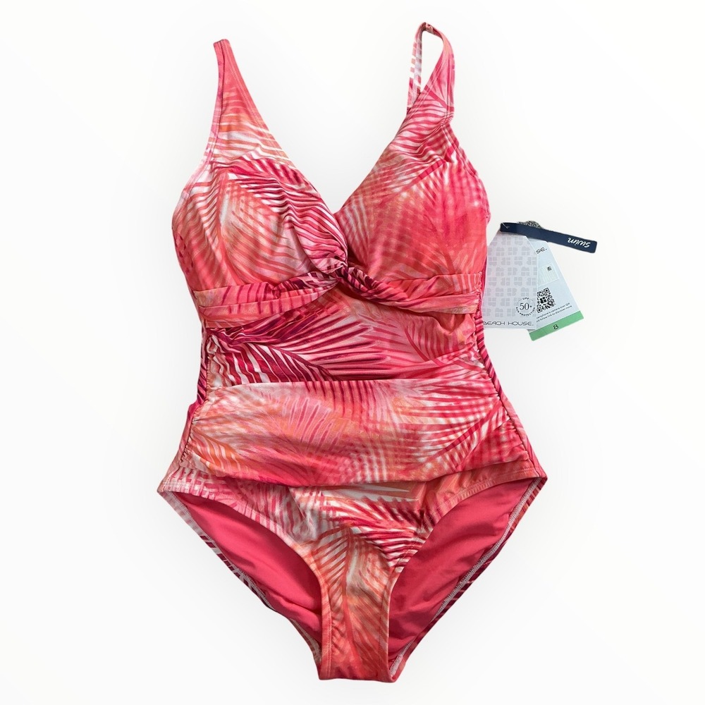 Beach House Swim Sun Coral One Piece Swimsuit‎ Size 8 UPF50+ Pink Palm Print NWT
